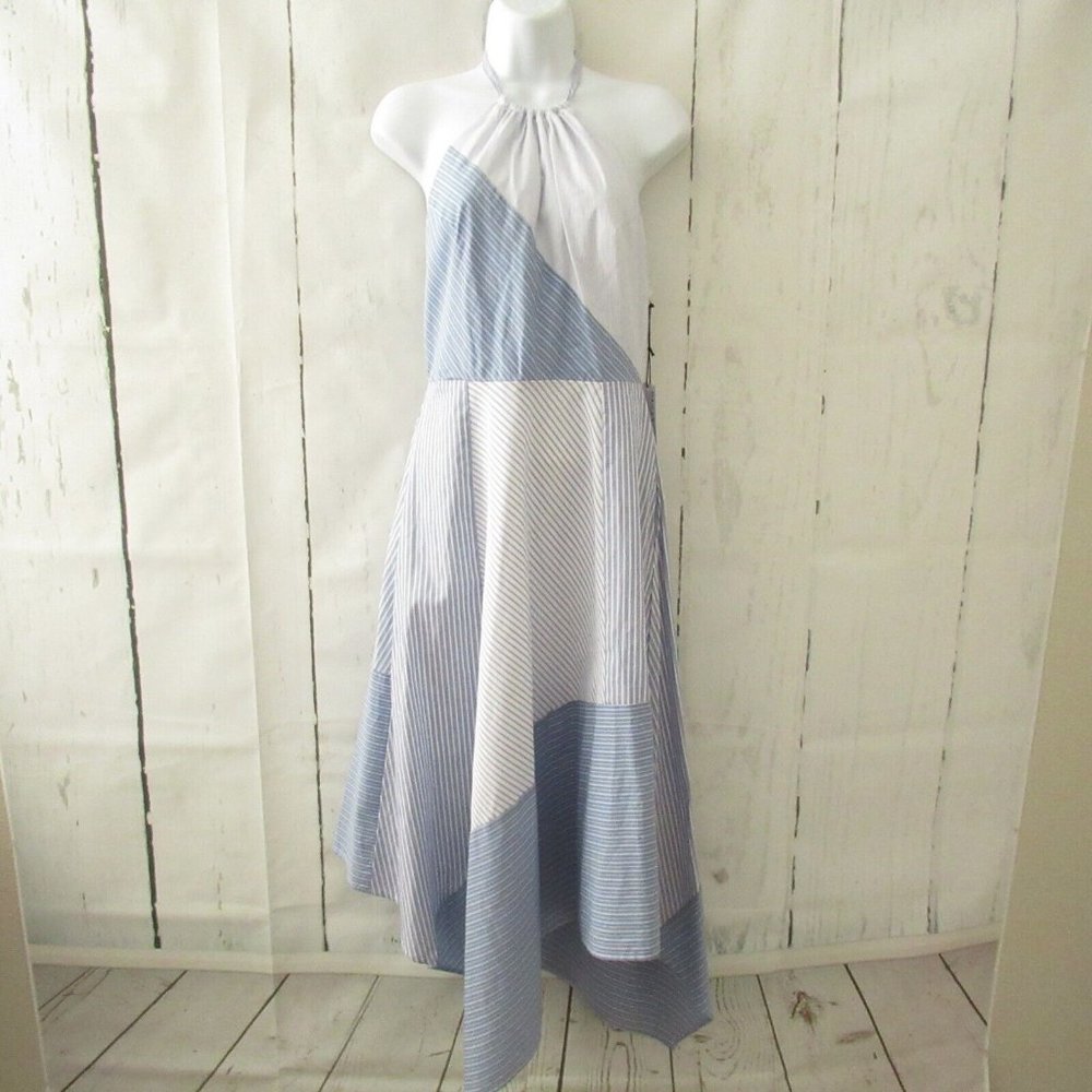 New $238 Bailey 44 Dress 4 Blue Stripe Mixed Print Midi Halter